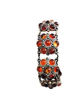 Vintage Silver & Amber Silver Panel Bracelet With Ornate Metal Work